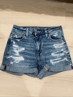 American Eagle Outfitters Distressed Rolled-Hem Denim Shorts - Blue